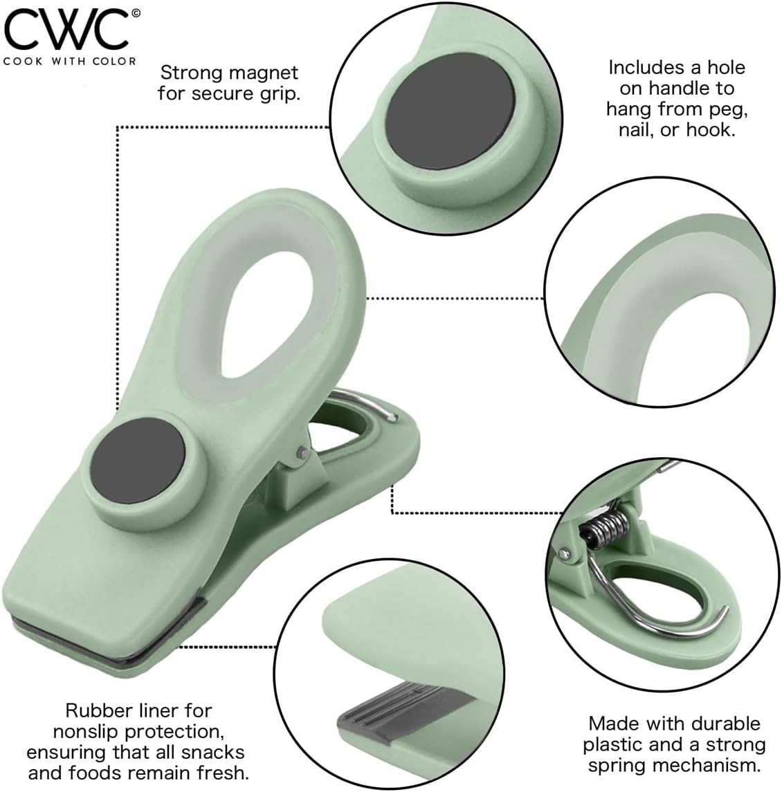 COOK WITH COLOR Bag Clips - Heavy Duty Chip Clip and Refrigerator Magnet Clips for Food Storage with Air Tight Seal Grip, Mint and Grey, Pack of 8