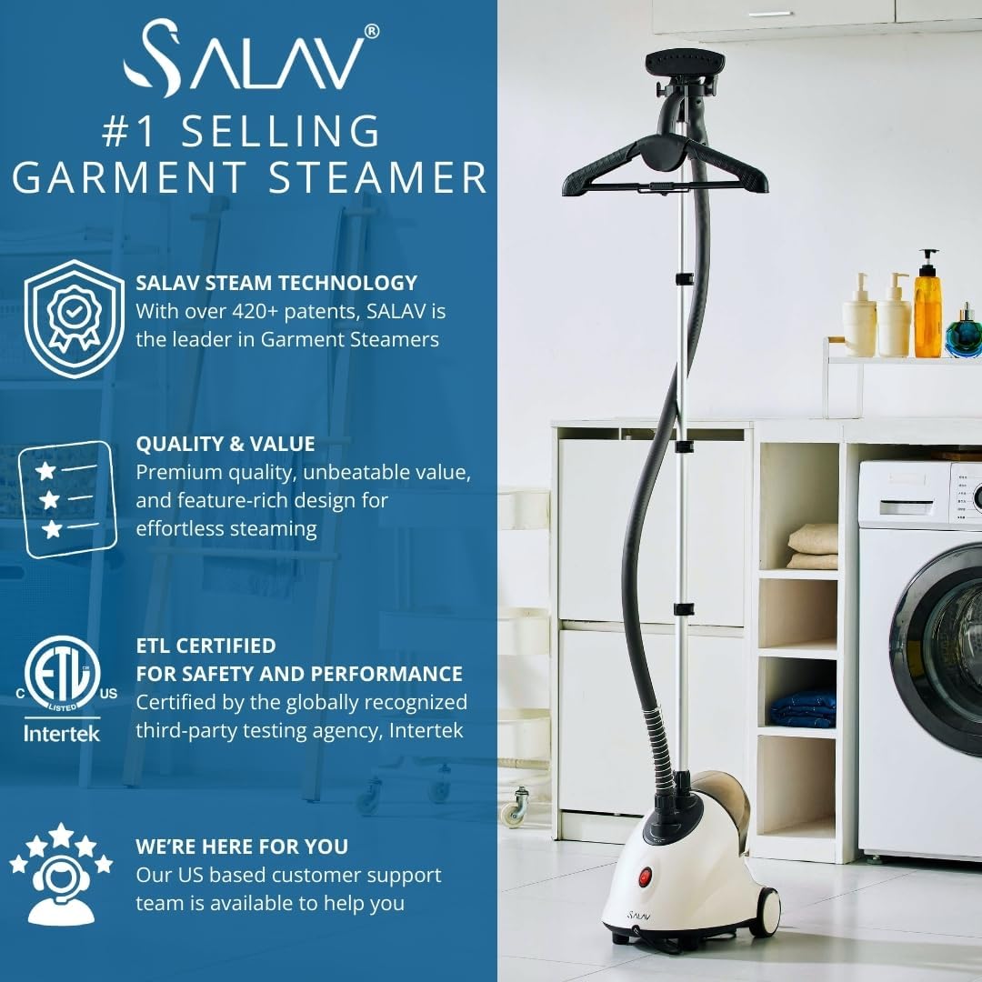 SALAV GS18 Full-Size Clothes Steamer - 1500W Power, 1.8L Water Tank, 60-Min Garment Steam, Iron Clothing, Adjustable Pole & Wheels for Easy Storage, Professional Standing Steamer for Clothes, White