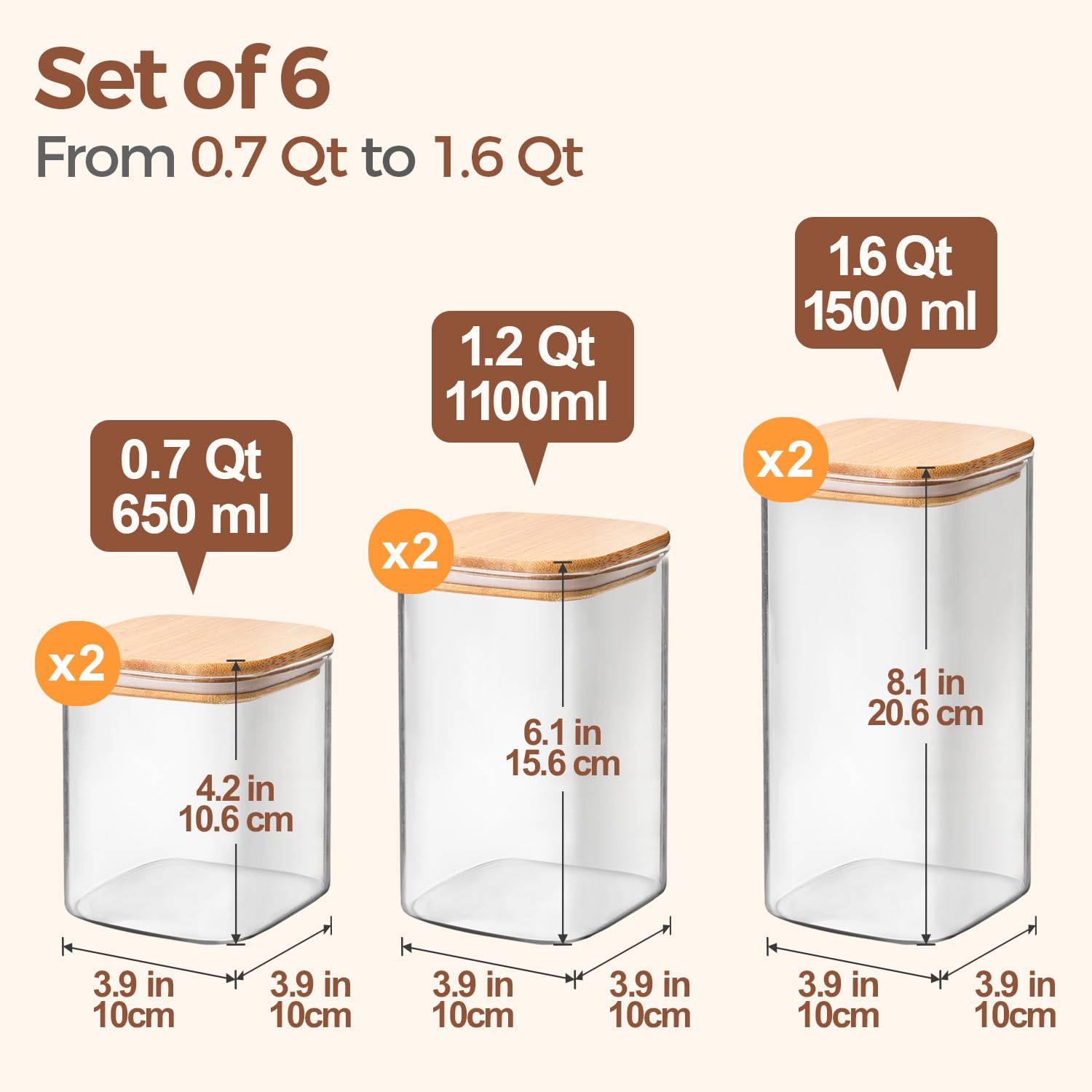 ComSaf Glass Pantry Storage Containers (0.7Qt/1.2Qt/1.6Qt) Set of 6, Square