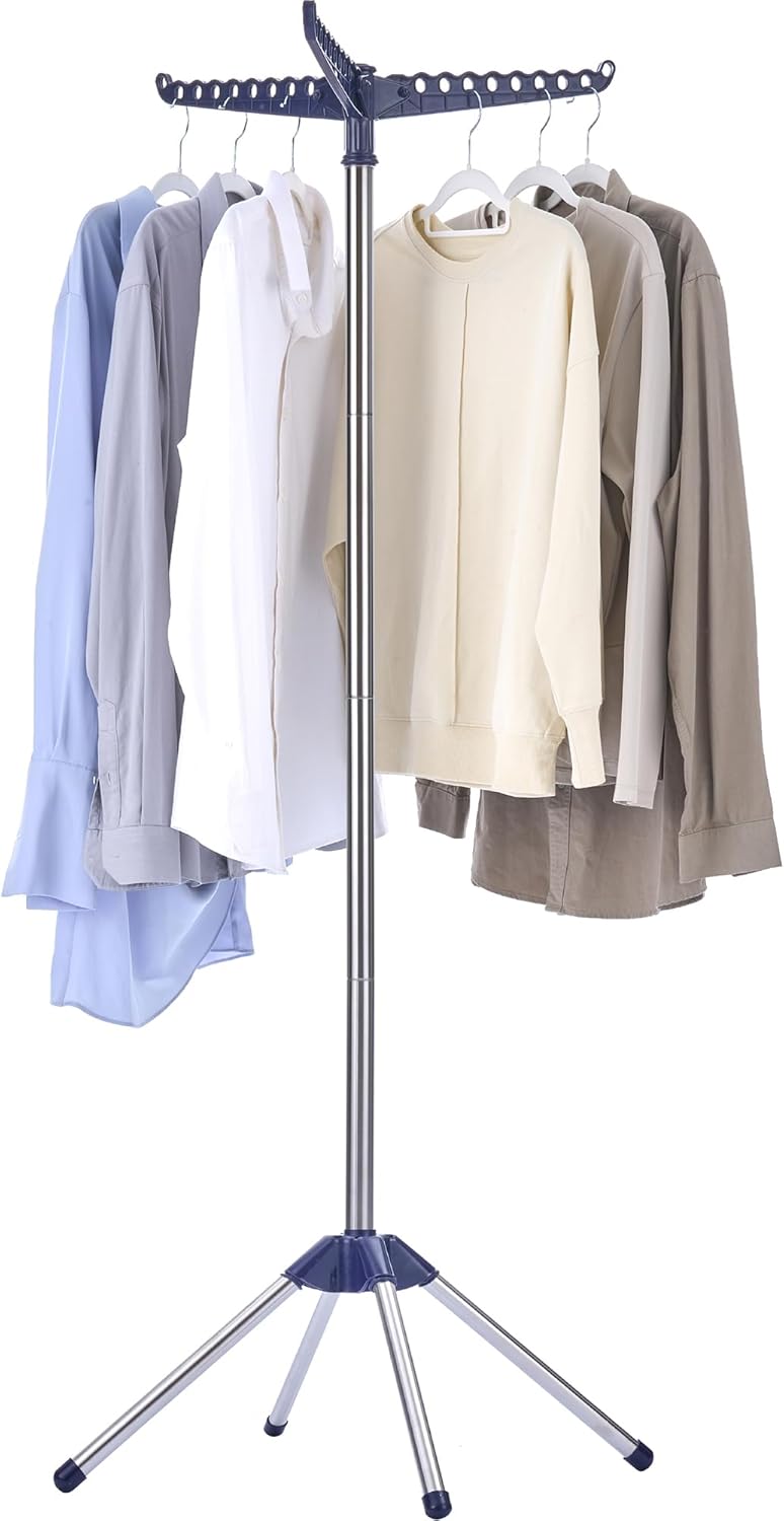 Clothes Drying Rack Foldable, 59 inch Tripod Laundry Drying Rack Indoor with Rotating Clothes Rail for 27 Pieces of Clothes, Space Saving, Blue and Silver CDR001Q01