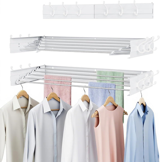Laundry Drying Rack, Collapsible Wall Mounted Clothes Drying Rack - Foldable,Space Saving, 13.2 Linear Ft, 5 Aluminum Rods, 60 lb Capacity (White, 40" Wide)