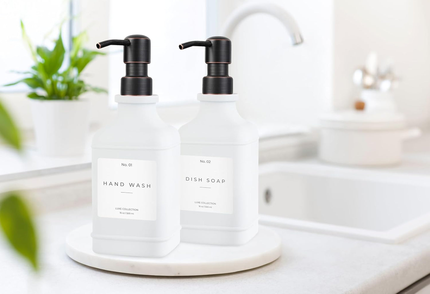 Emerson Essentials Soap Dispenser, Dish Soap Dispenser, Farmhouse Bottles, Hand Soap Dispenser, Kitchen Soap Dispenser Set - Glass Soap Dispenser with Pump and Labels, 16 Oz, 2 Pack