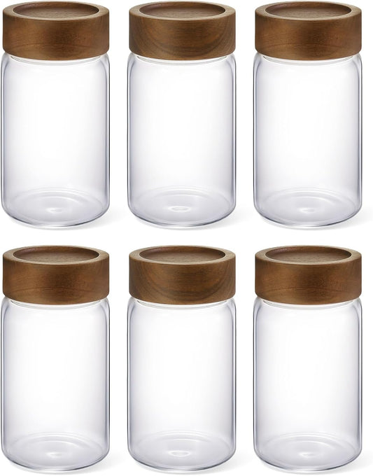 6-Pack 10 oz Airtight Food-Grade Glass Mason Jars with Acacia Wood Lids - Sealable, Waterproof & Stackable Canister Set for Overnight Oats, Dry Goods, Baking Supplies & Pantry Organization