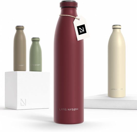 LARS NYSØM Stainless Steel Insulated Water Bottle 12oz 17oz 25oz 34oz 51oz | Insulated Thermo Flask for Hot and Cold Beverages | Leakproof Drinking Bottle (Berry Red, 33.9oz)