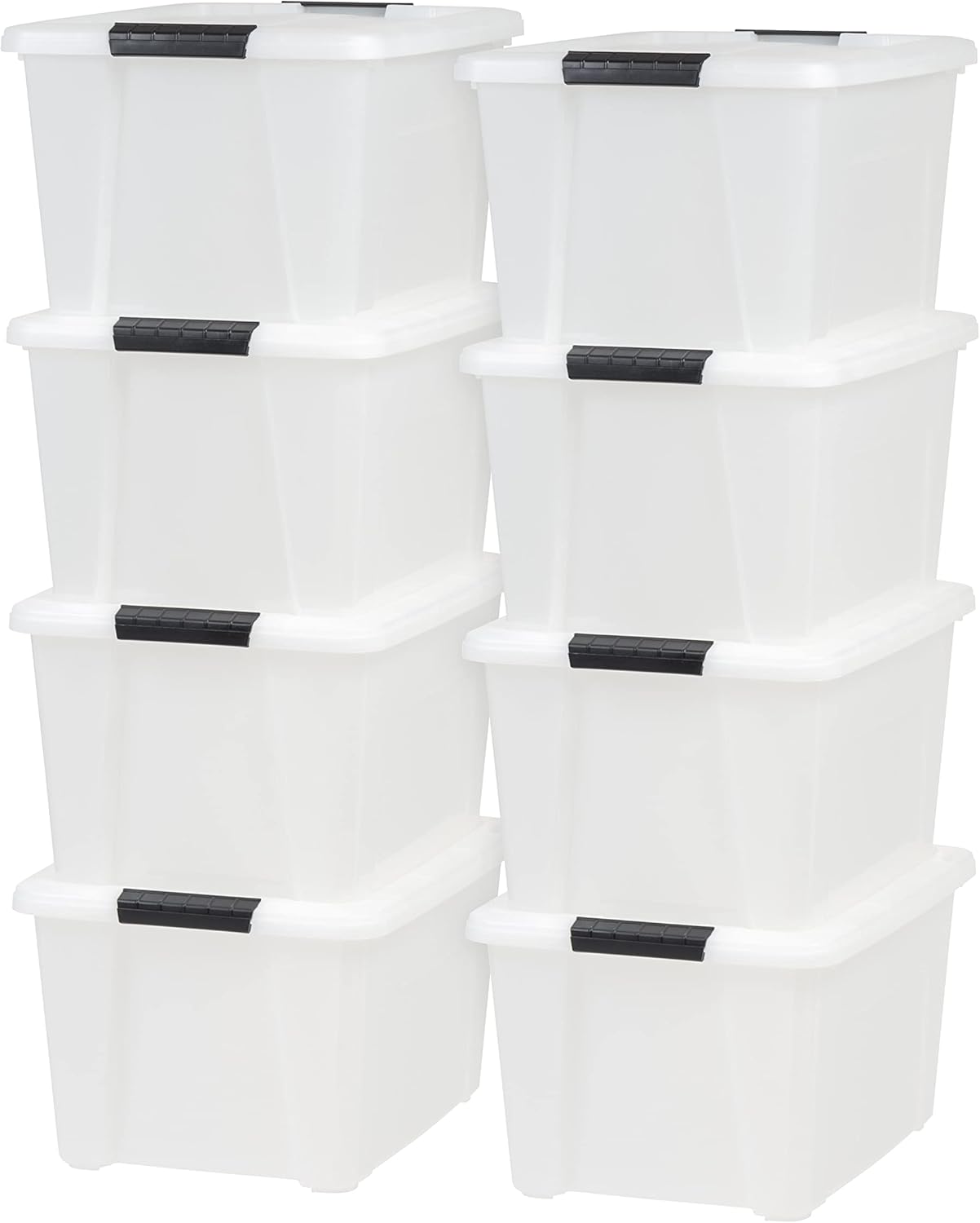 IRIS USA 33 Qt Stackable Plastic Storage Bins with Lids, 8 Pack - BPA-Free, Made in USA - Discreet Organizing Solution, Latches, Durable Nestable Containers, Secure Pull Handle - Pearl