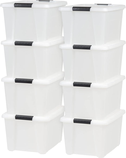 IRIS USA 33 Qt Stackable Plastic Storage Bins with Lids, 8 Pack - BPA-Free, Made in USA - Discreet Organizing Solution, Latches, Durable Nestable Containers, Secure Pull Handle - Pearl