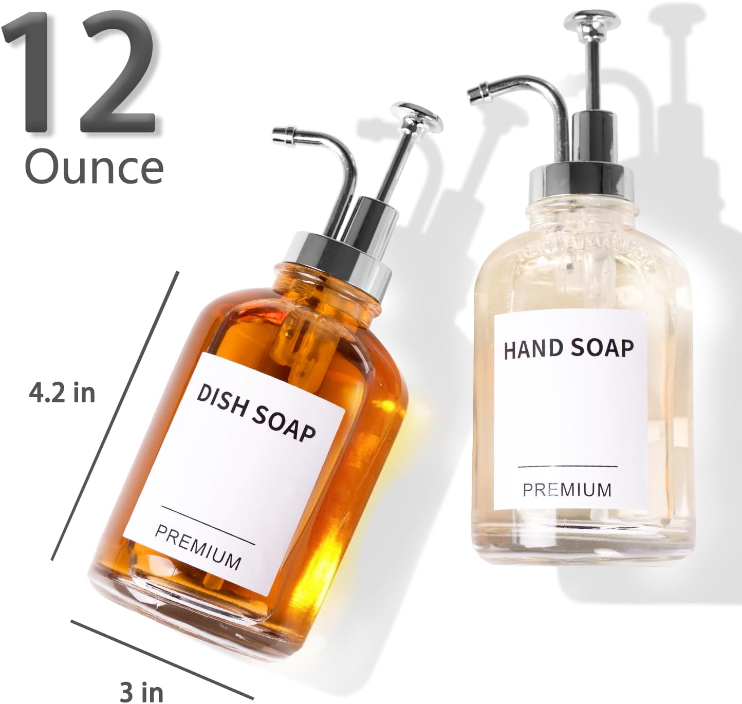 12oz Dish Soap Dispenser for Kitchen, Hand Glass Soap Dispenser Set with Pump, Tray, Funnel for Bathroom, Shower, Laundry, Liquid, Lotion (Silver 2 Pack Clear Bottles with 12 Stickers)