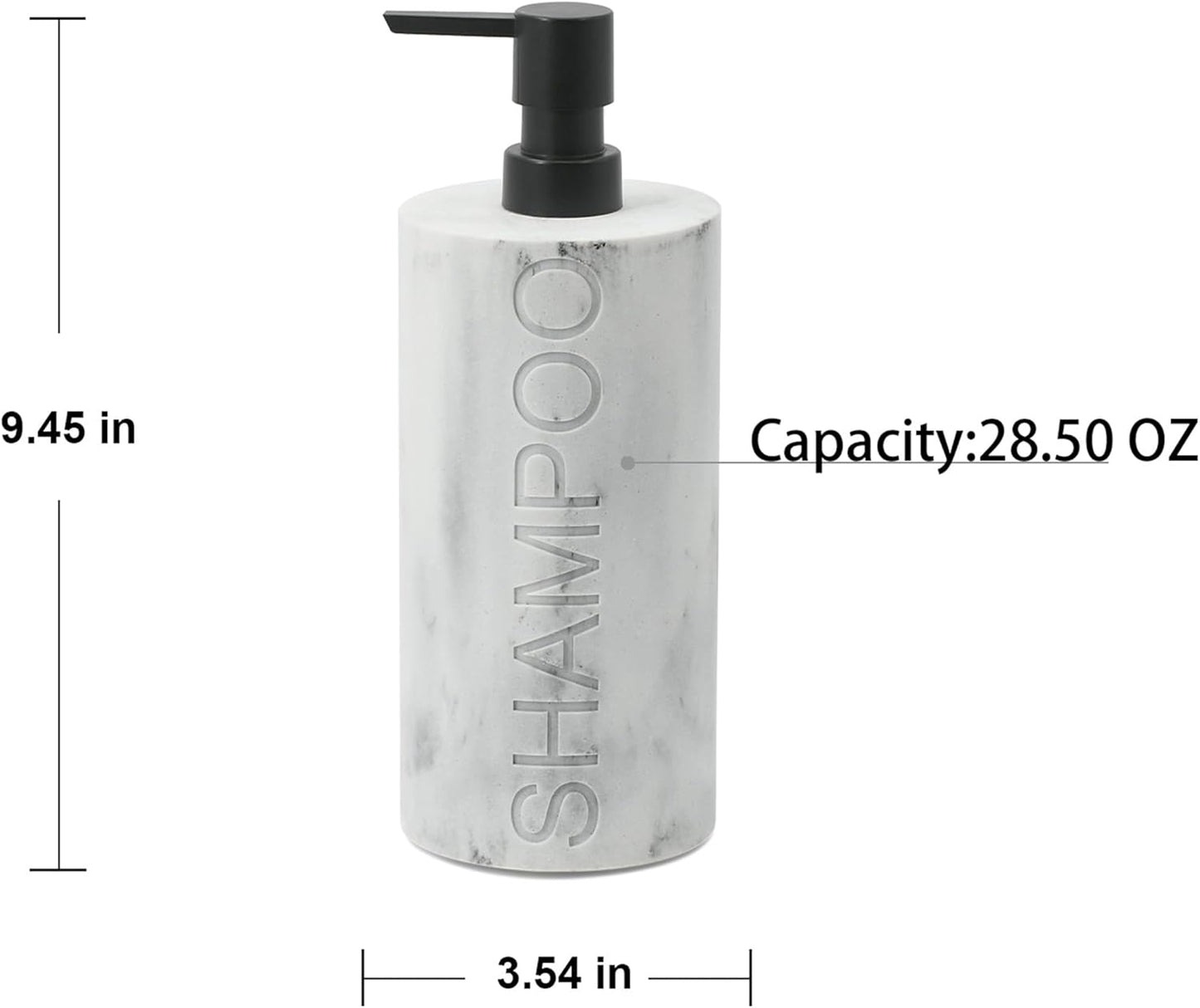 Matte White Shampoo Dispenser Modern Refillable Pump Bottle with Embossed Text, Durable Resin Construction for Bathroom and Kitchen