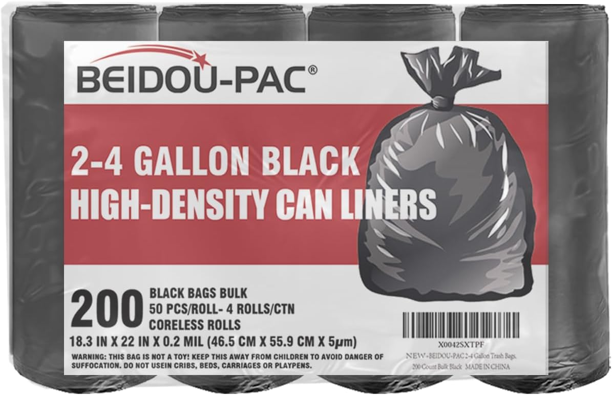 2-4 Gallon Trash Bags, 200 Count Black Garbage bags, Small Trash Can Bin Liners for Bathroom, Office, Industrial, Commercial, Janitorial, Municipal, Recycling…