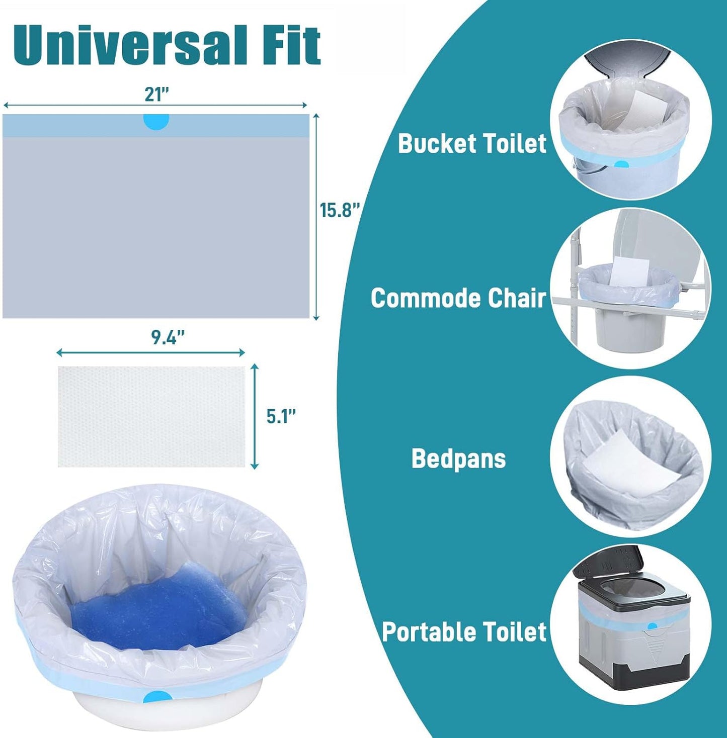Commode Liners with Absorbent Pads- 100 Commode Bags+ 100 Commode Pads, Extra Thicken Commode Toilet Liners Universal Fit Bedside Commode, Portable Toilet, Chair Bucket, Bedpan
