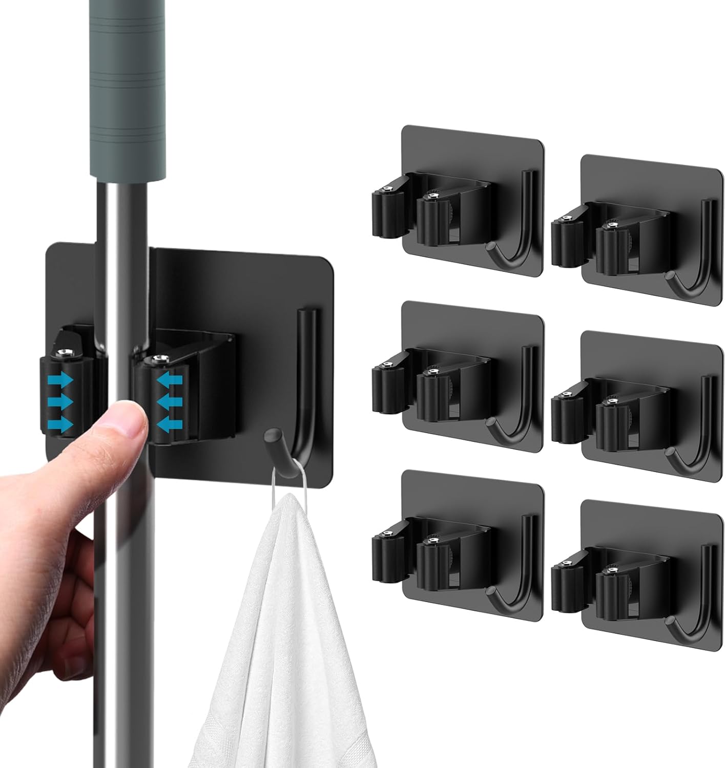 Mop Broom Holder No Drill, Mop Broom Organizer Wall Mounted Heavy Duty with Hooks Hanger, Self Adhesive Stainless Steel 4Pcs for Bathroom, Kitchen, Office (Black)