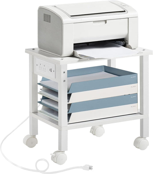 Lerliuo Under Desk Printer Stand with Charging Station, 2 Tier Wooden Small Printer Table with