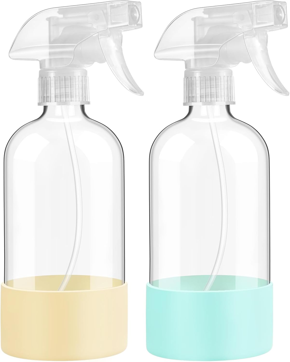 Glass Spray Bottles with Silicone Sleeve Protection, 16 oz 2 Pack, Reusable Spray Bottles with Adjustable Nozzle for Hair, Cleaning Solutions, Plants, Pale Yellow&Mint Green