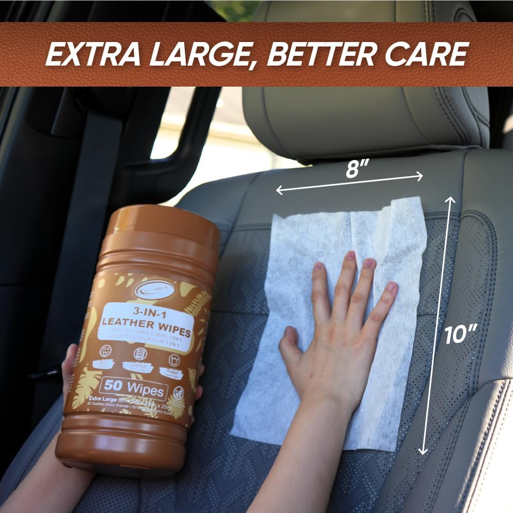 Air Jungles 3in1 Leather Wipes 50 Count, Extra Large 8" x 10" Size, Clean Condition Protect Wipes for Leather Furniture Auto Car Interior Shoes Boots Bags Apparel and Vinyl