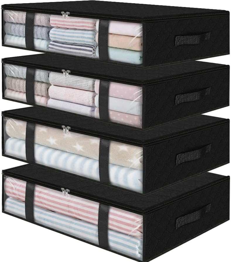 StorageRight Under Bed Storage Bins, 4-Pack 40L Foldable Fabric Storage Bags with Transparent Window, Breathable Organizer for Clothes/Blanket/Comforter/Quiltr, Black