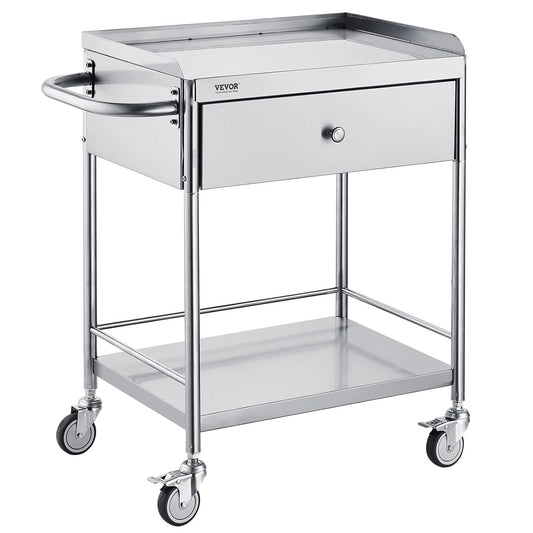 VEVOR Medical Cart, 2-Layer Stainless Steel Cart 220 lbs Weight Capacity, Lab Utility Cart with 360° Silent Wheels and a Drawer for Lab, Clinic, Kitchen, Salon, 141002
