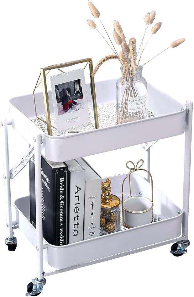 Melody House 2-Tier Metal Folding Rolling Cart, Mobile Utility Cart Trolley Storage Organizer for Office Home Kitchen Organization, Sofa Side End Table with Wheels, White