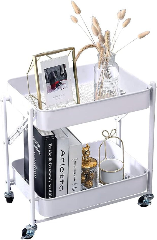 Melody House 2-Tier Metal Folding Rolling Cart, Mobile Utility Cart Trolley Storage Organizer for