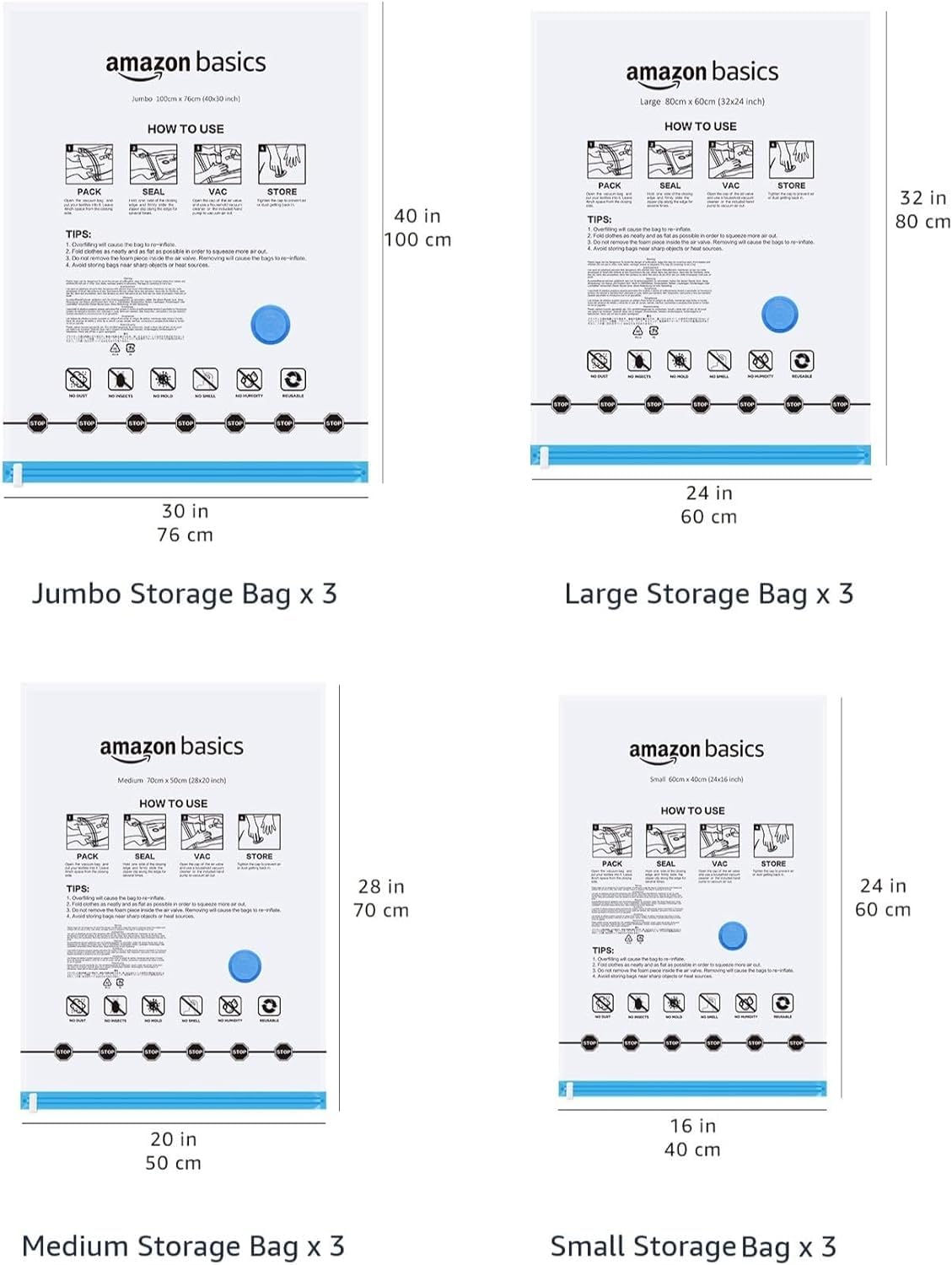 Amazon Basics Vacuum Storage Bags with Hand Pump for Travel, Space Saving Compression Bags for