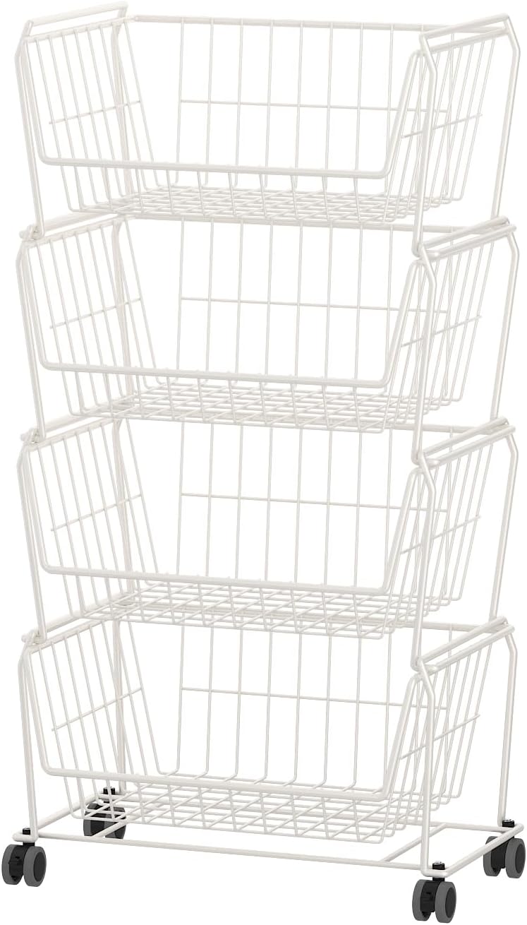 PUSDON Stackable Metal Storage Carts, Dual Use Shelf for Kitchen Fruit Vegetable Baskets with Wheels, Storage Rack for Living Room, Home & Office, Standard White 4 Tiers