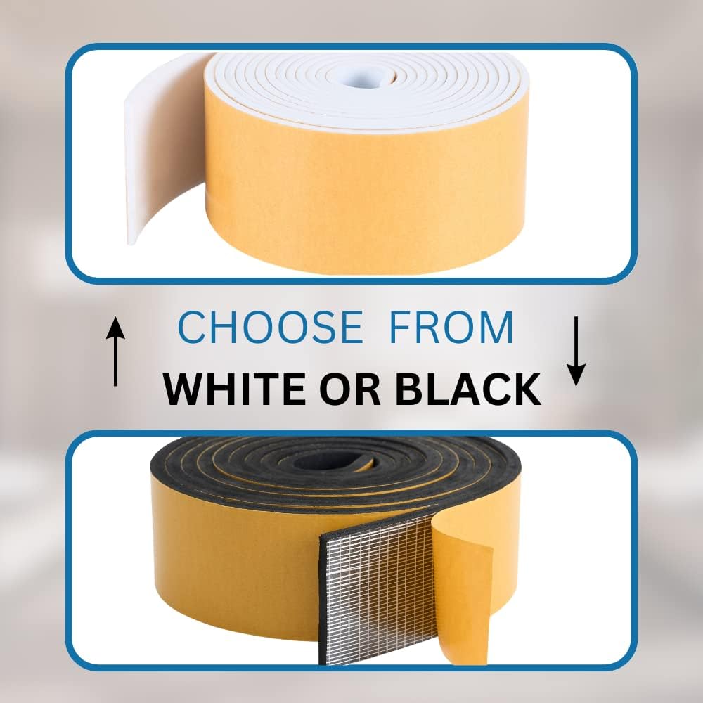 High Density Foam Weather Stripping Door Seal Strip Insulation Tape Roll for Insulating Door Frame, Window, Air Conditioner | Self Adhesive Sealing Weatherstrip (4 in x 1/4 in x 10 Ft, White)
