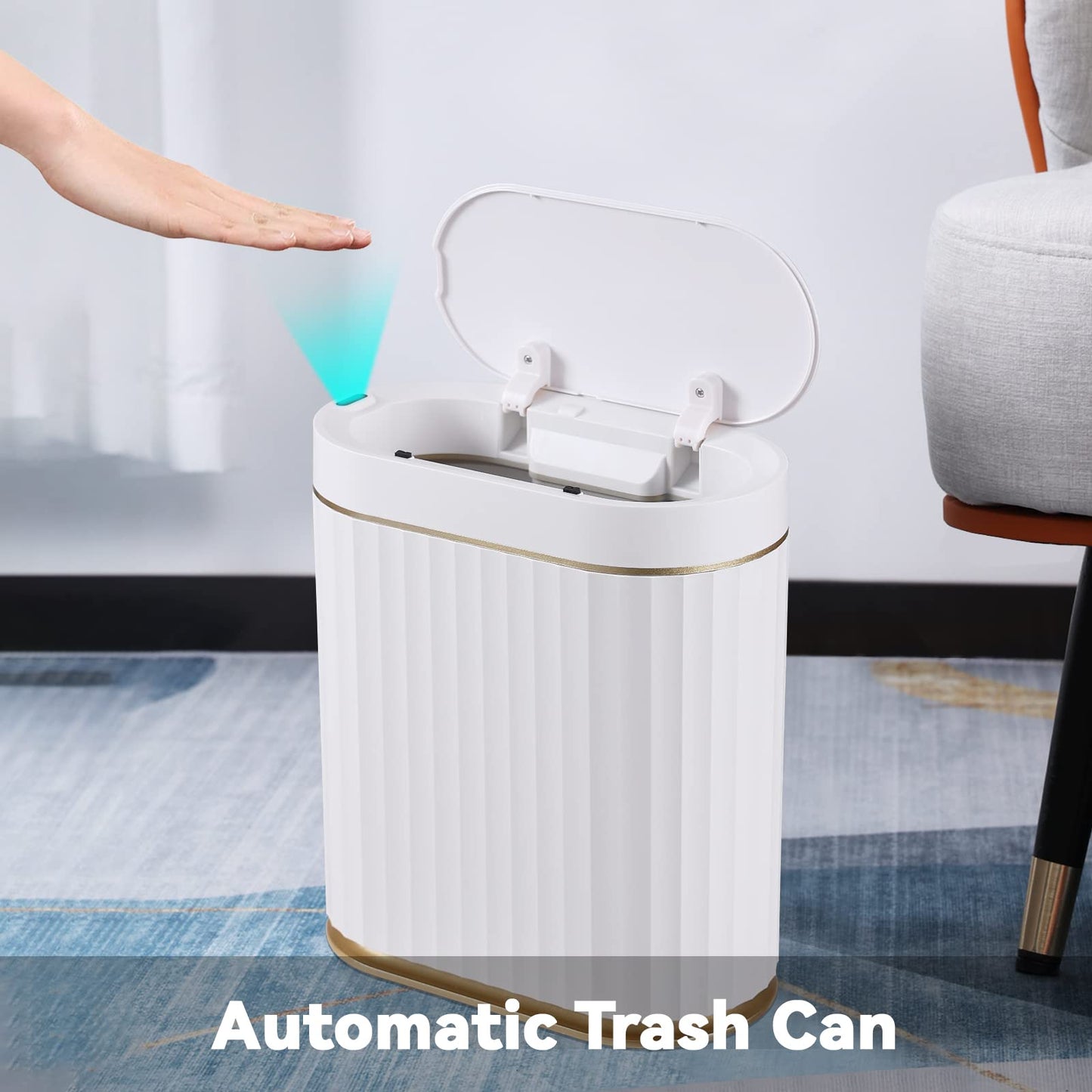 ELPHECO Bathroom Trash Can with Lid, 2 Gallon, Motion Sensor, White Gold