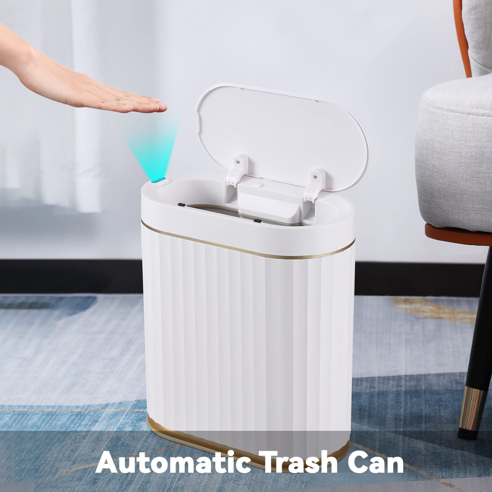 ELPHECO Bathroom Trash Can with Lid, 2 Gallon, Motion Sensor, White Gold