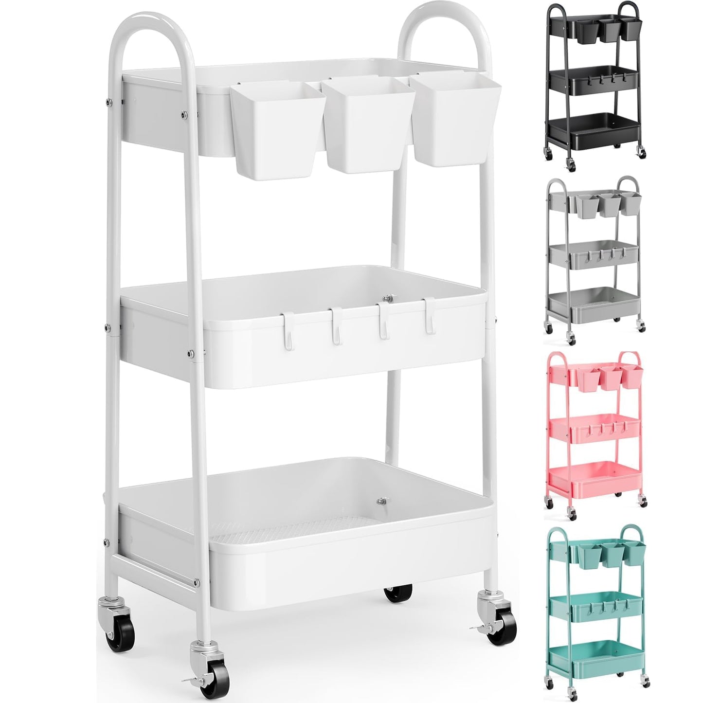 3 Tier Heavy Duty White Metal Rolling Cart with Lockable Wheels, Three Tier Roller Book Snack Cart