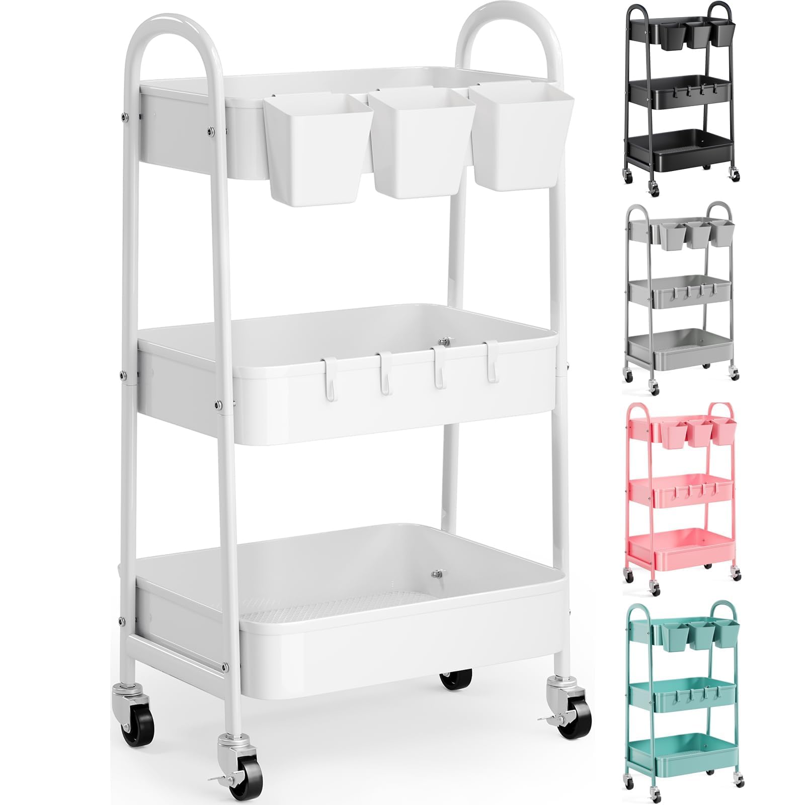 3 Tier Heavy Duty White Metal Rolling Cart with Lockable Wheels, Three Tier Roller Book Snack Cart