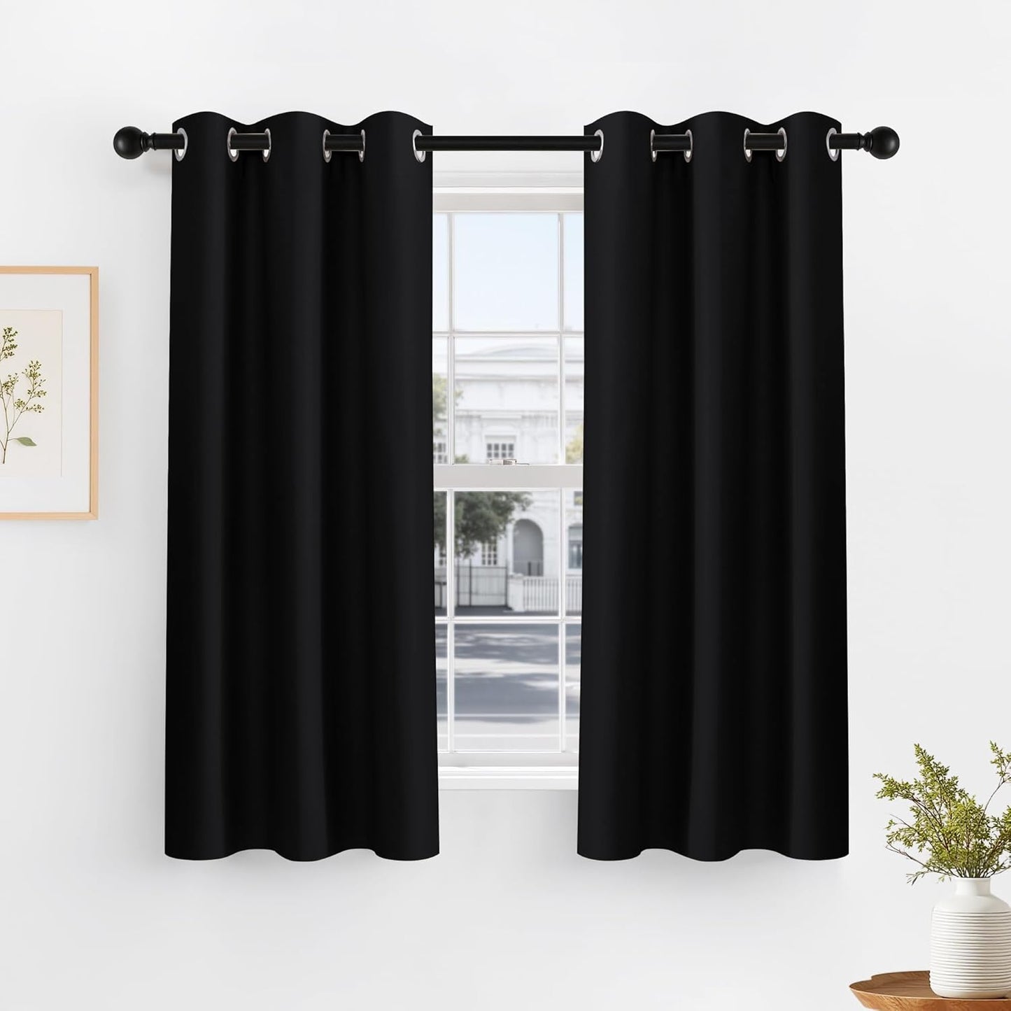 PONY DANCE Black Short Blackout Curtains for Kitchen 45 Inch Length, Thermal Insulated Grommet Curtains for Bedroom, Black Out Drapes for Bathroom Small Window (2 Panels Set, 34 inches Wide)