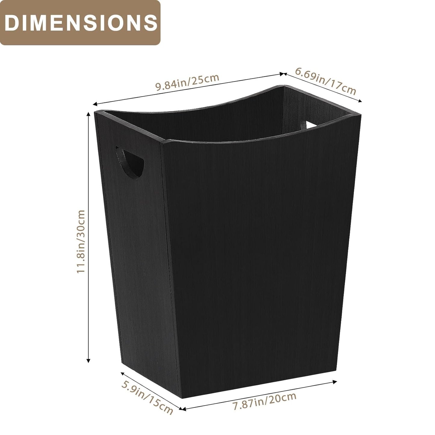 SEHERTIWY Wood Trash Can, Farmhouse Wastebasket Bin for Bathroom, Office, Bedroom, Living Room, Small Square Rustic Garbage Container (Wood-Black)