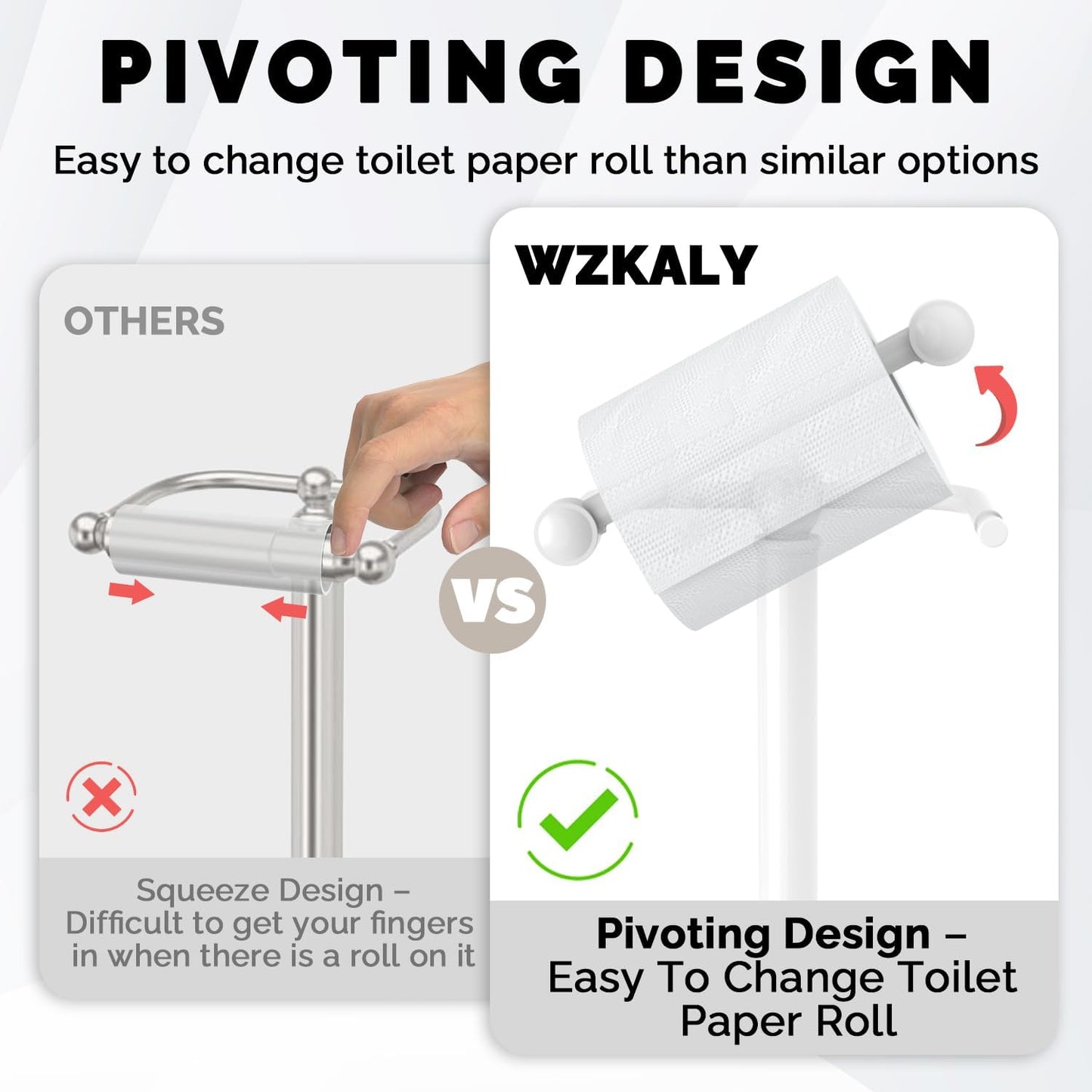 Toilet Paper Holder Stand, White Toilet Paper Holder Free Standing, Post Pivoting Design & Stable Weighted Base SUS304 Stainless Steel for Bathroom (Mega Roll)