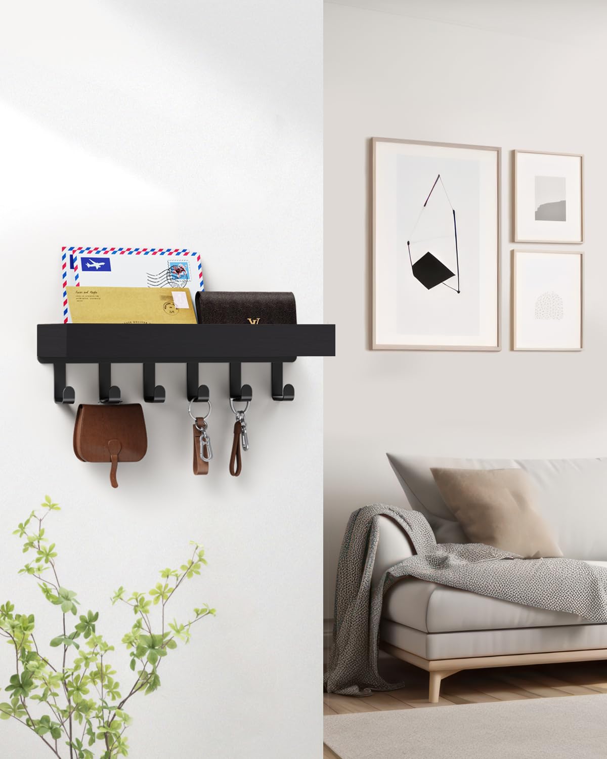 ROPALINS Key Holder Wall Mount Magnetic Adhesive, Key Hooks Rack with Shelf