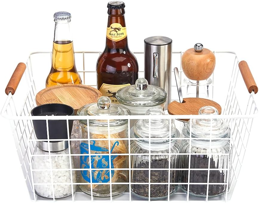 LeleCAT Large white wire baskets with Wooden Handles for storage pantry, Storage Organizer Baskets, Household Refrigerator for Cabinets, Closets, Bedrooms, kitchen - Set of 2（White）