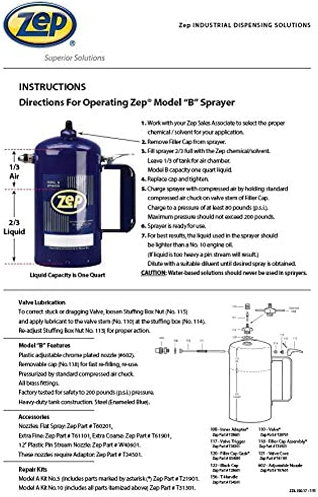 Zep Model B Heavy-Duty Steel Solvent Sprayer - 32 oz (Each) 829801 - Industrial Strength, Refillable Pressurized Sprayer with A Spring-Loaded Trigger