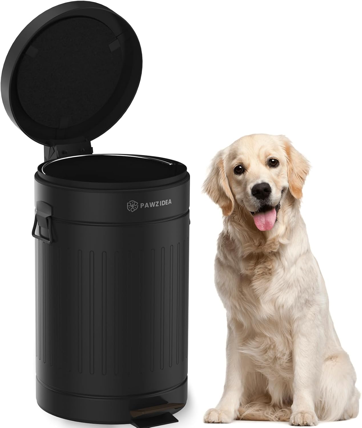 PAWZIDEA Dog Poop Trash Can Outside Odor Control, 3.1 Gallon Outdoor Trash Can with Lid, Waterproof Pet Waste Disposal Container, Small Poop Bin Step Garbage Can, 7.8in Activated Carbon Filter, Black