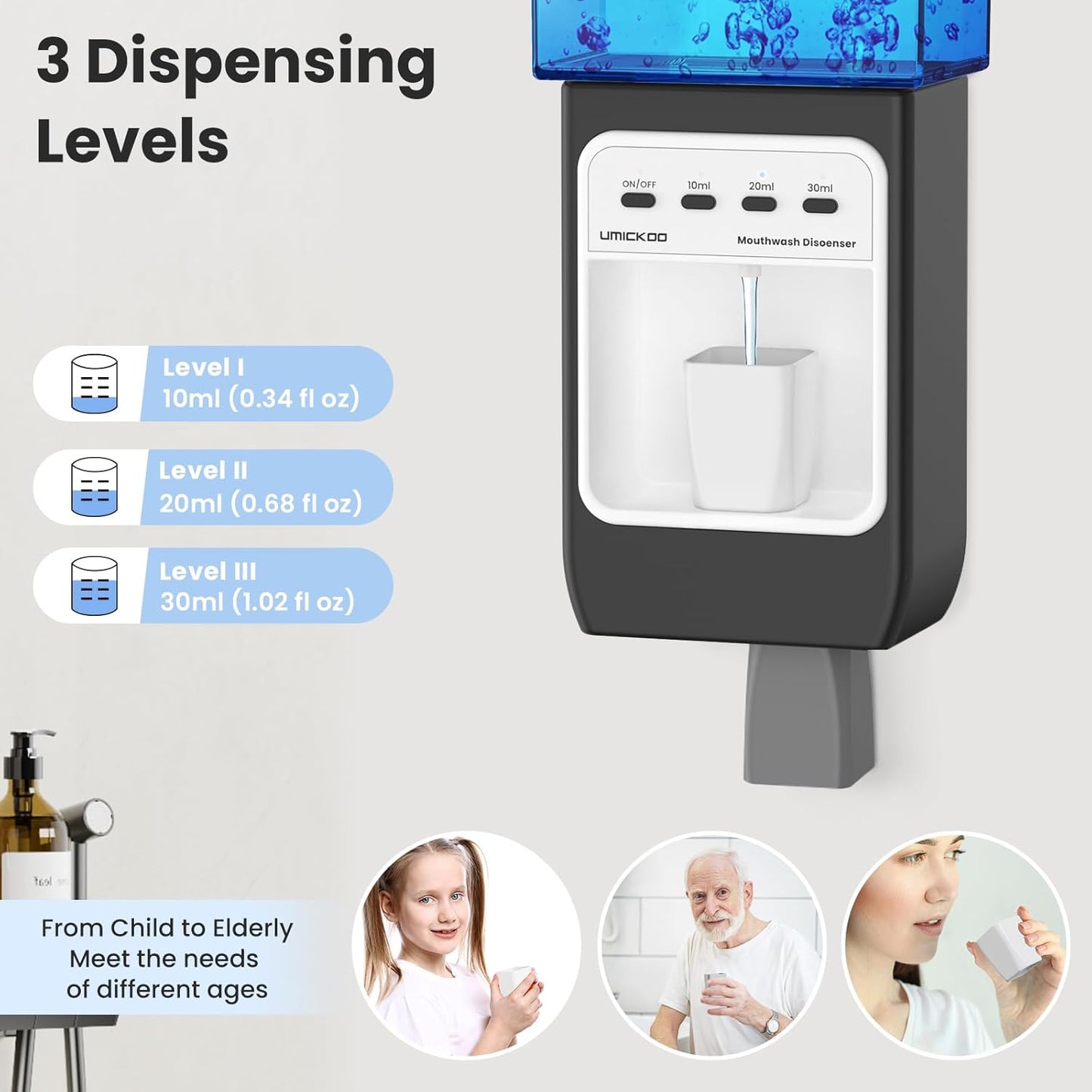 Auto-Mouthwash Dispenser for Bathroom - 700mL Rechargeable Wall-Mounted with 2 Magnetic Cups, 3 Smart Levels, No-Drill Installation for Kids & Adults (12-Month Battery)