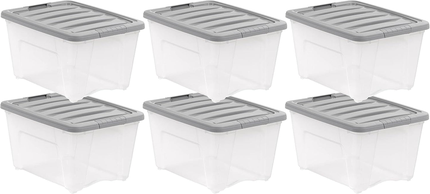 Amazon Basics Plastic Storage Containers with Secure Latching Lids, Stackable Organization Bins, 32 Quart, Set of 6, Clear/Grey