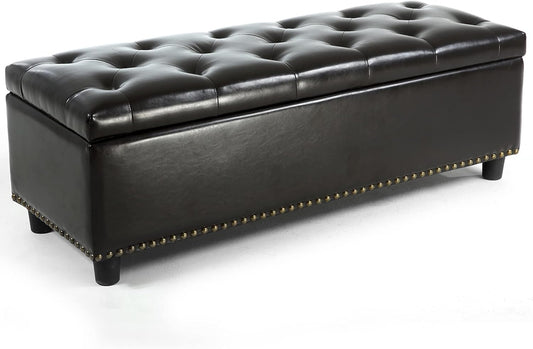 BELLEZE 47" Storage Ottoman, Storage Bench with Safety Close Hinge, Faux Leather Button-Tufted