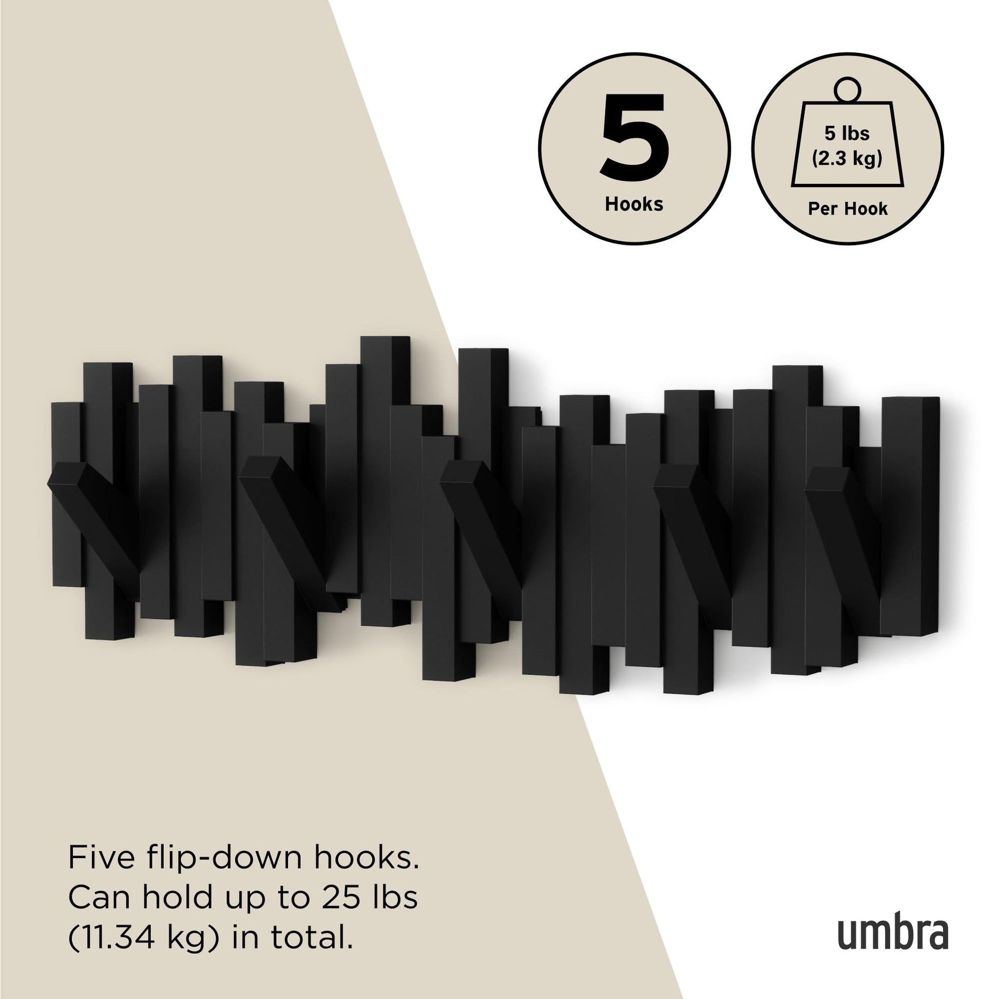 Umbra Sticks Wall Mount Coat Rack, 5 Hook Retractable Pegs, Black