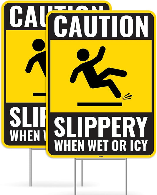 2PC Caution Slippery When Wet Or Icy Sign with Metal Stakes, 12 Inches by 9 Inches - Corrugated