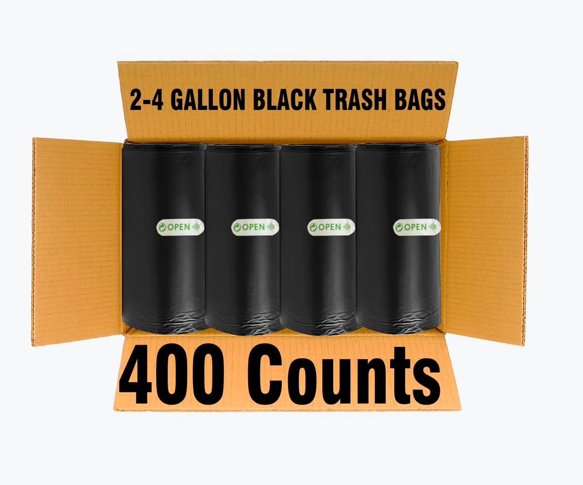2-4 Gallon Trash Bags, 400 Count Black Garbage bags, Small Trash Can Bin Liners for Bathroom, Office, Industrial, Commercial, Janitorial, Municipal, Recycling
