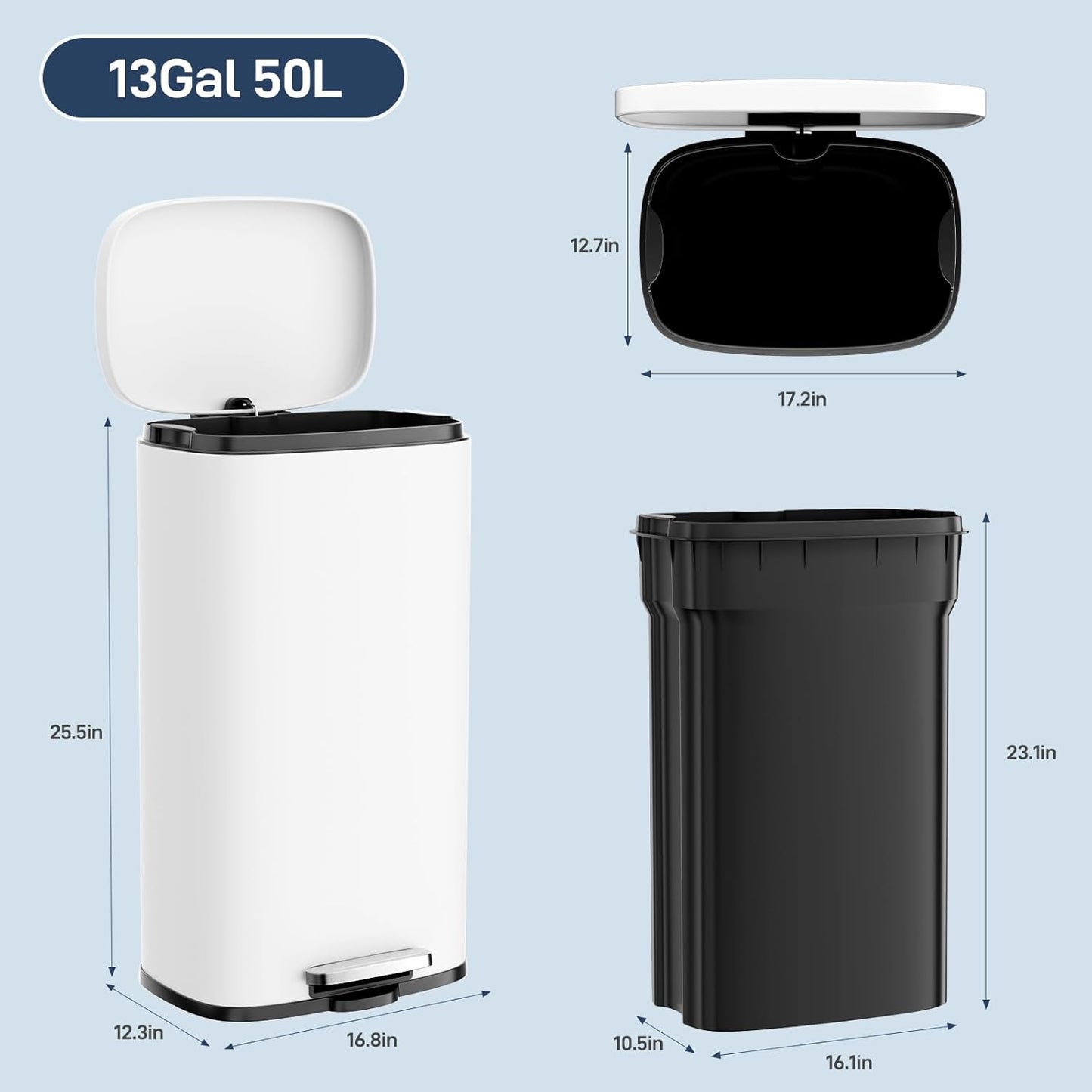 Arlopu13.2 Gallon Step Trash Can, Stainless Steel Garbage Bin, Soft-Close Rubbish Bin with Removable Plastic Inner Bucket, Fingerprint-Proof, Lid Dustbin, Suit for Kitchen Home (White, 50L)