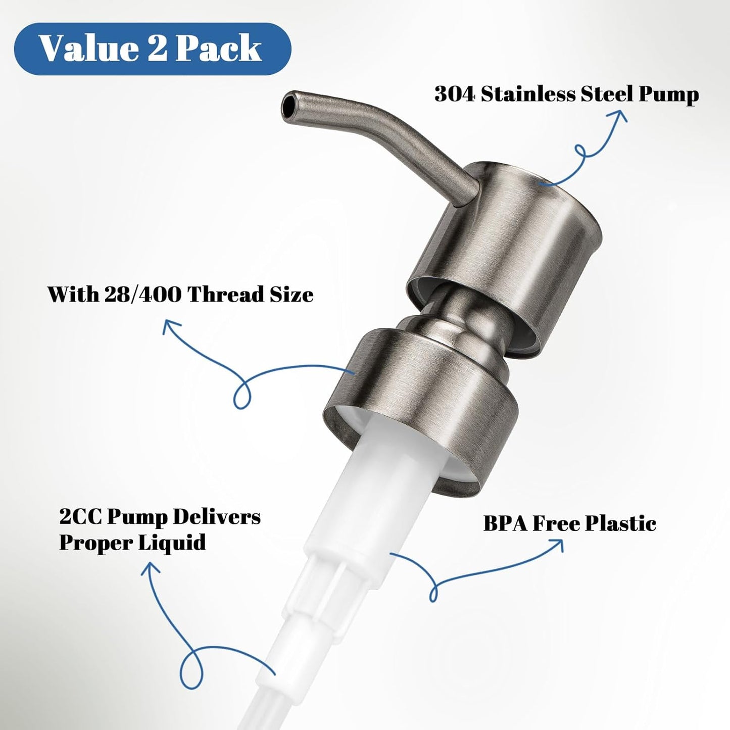 Soap Dispenser Pump Replacement 304 Stainless Steel for Regular Mouth Bottle for Standard 28/400 Thread Size Kitchen Bathroom Lotion Refill Dispenser 2 Pack(Brushed Nickel)