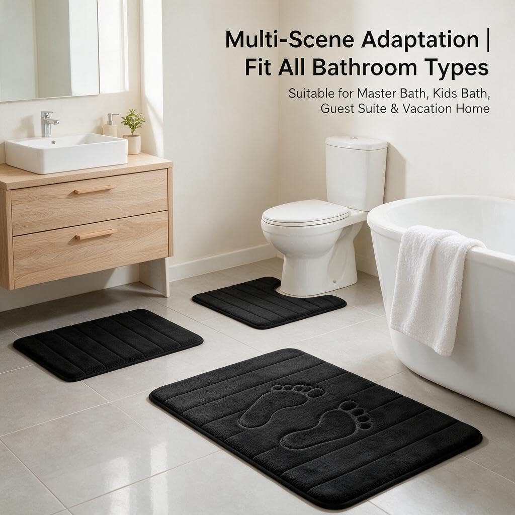 Bathroom Rugs Set Memory Foam Bath Rugs Non-Slip Bath Mat Set 3 Piece,Washable Bathroom