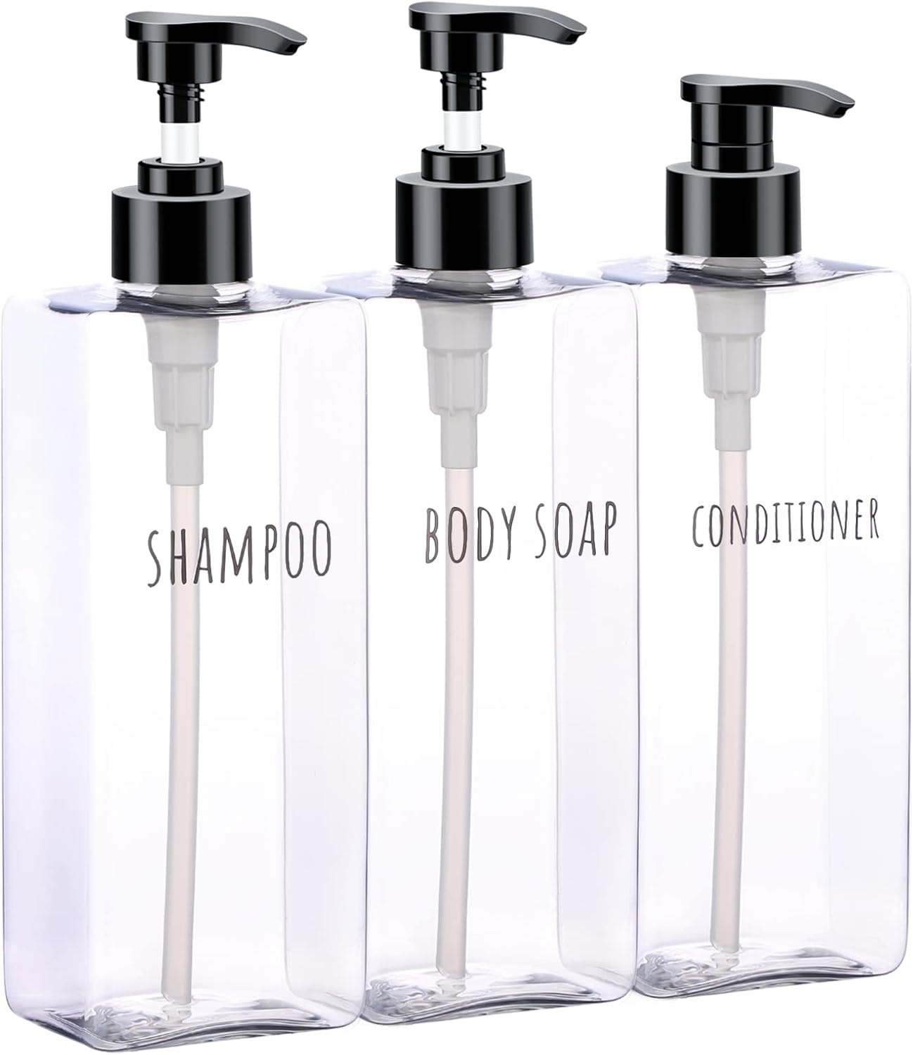 Segbeauty Clear Square Shampoo Bottles, 3pcs 16.9oz Refillable Plastic Lotion Dispenser with Pump, 500ml Empty Reusable Bathroom Shower Bottle Dispense Shampoo Conditioner Body Soap Liquid Gel