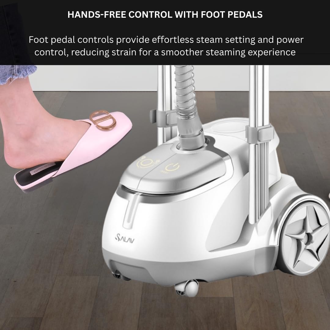SALAV GS45-DJ Professional Upright Garment Steamer with Roll Wheels, Multi-Function Extra Wide Hanger, Fabric Brush & Mini Ironing Paddle, 1500 watts, Silver