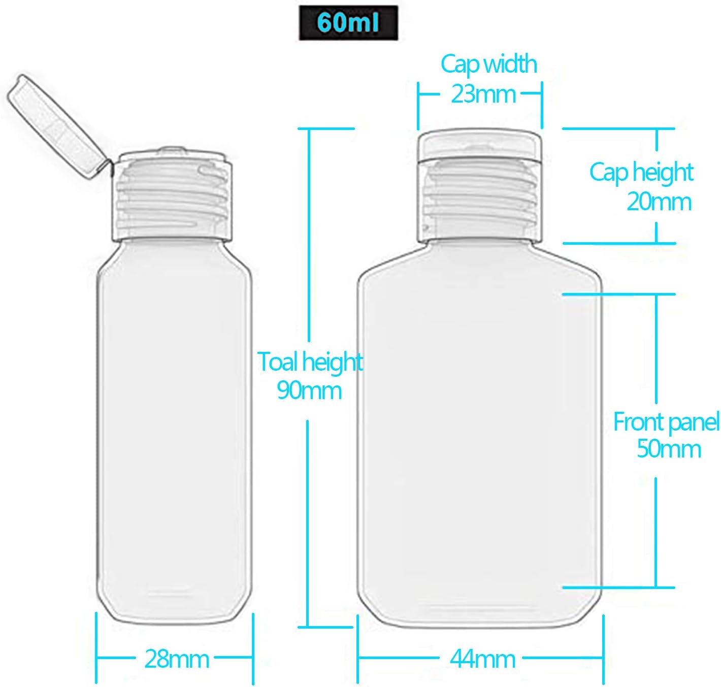 2oz Empty Hand Sanitizer Travel Size Bottles, Refillable Clear Plastic Containers with Flip Cap for Shampoo, Lotion, Cream, Baby Shower, Tolitery (50 Pack)