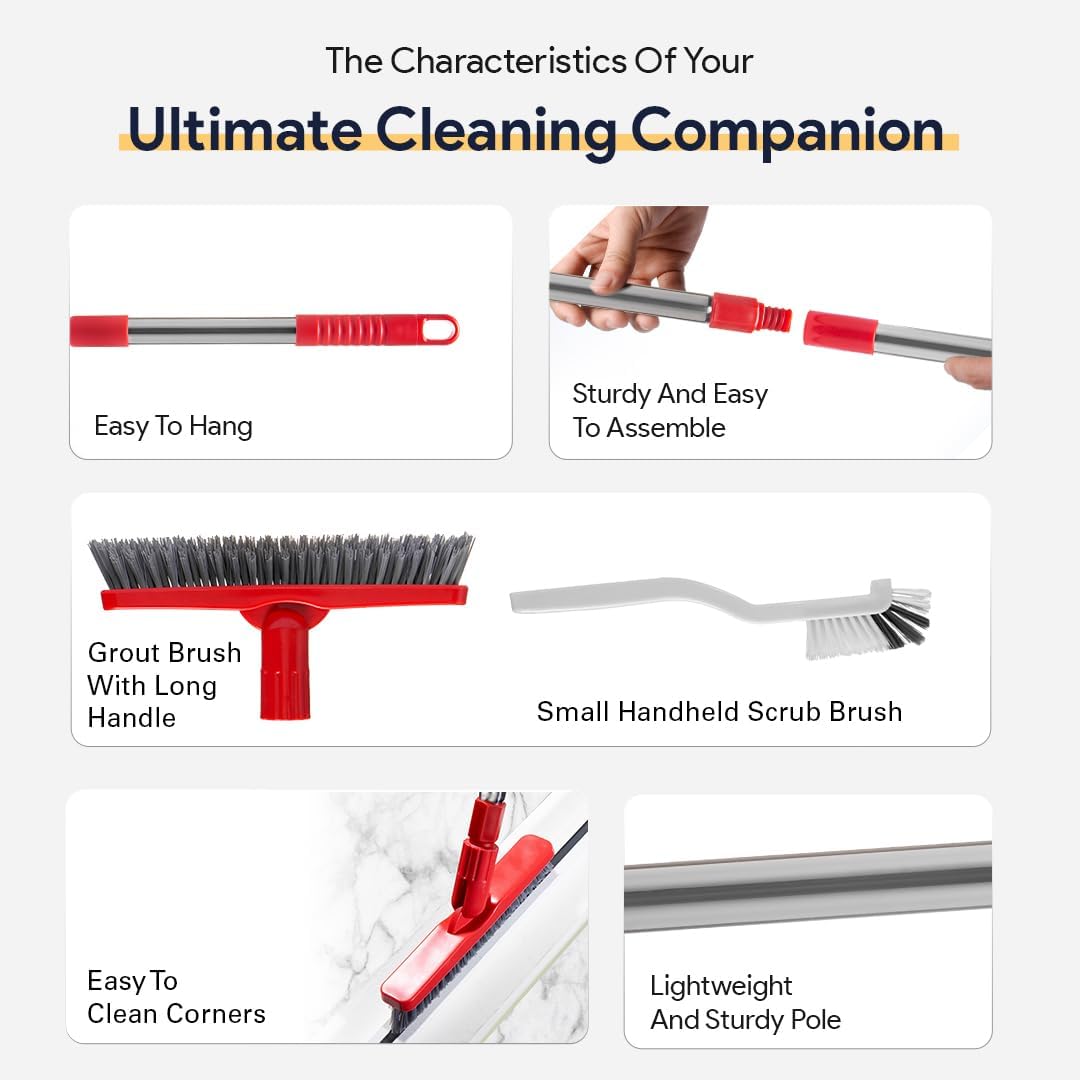 Foxtrot Living Grout Brush with Long Handle & Handheld Stiff Bristle Scrubber, V-Shaped Cleaner with Telescopic Handle for Easy Cleaning & Storage - Tile Floor Cleaning Brush