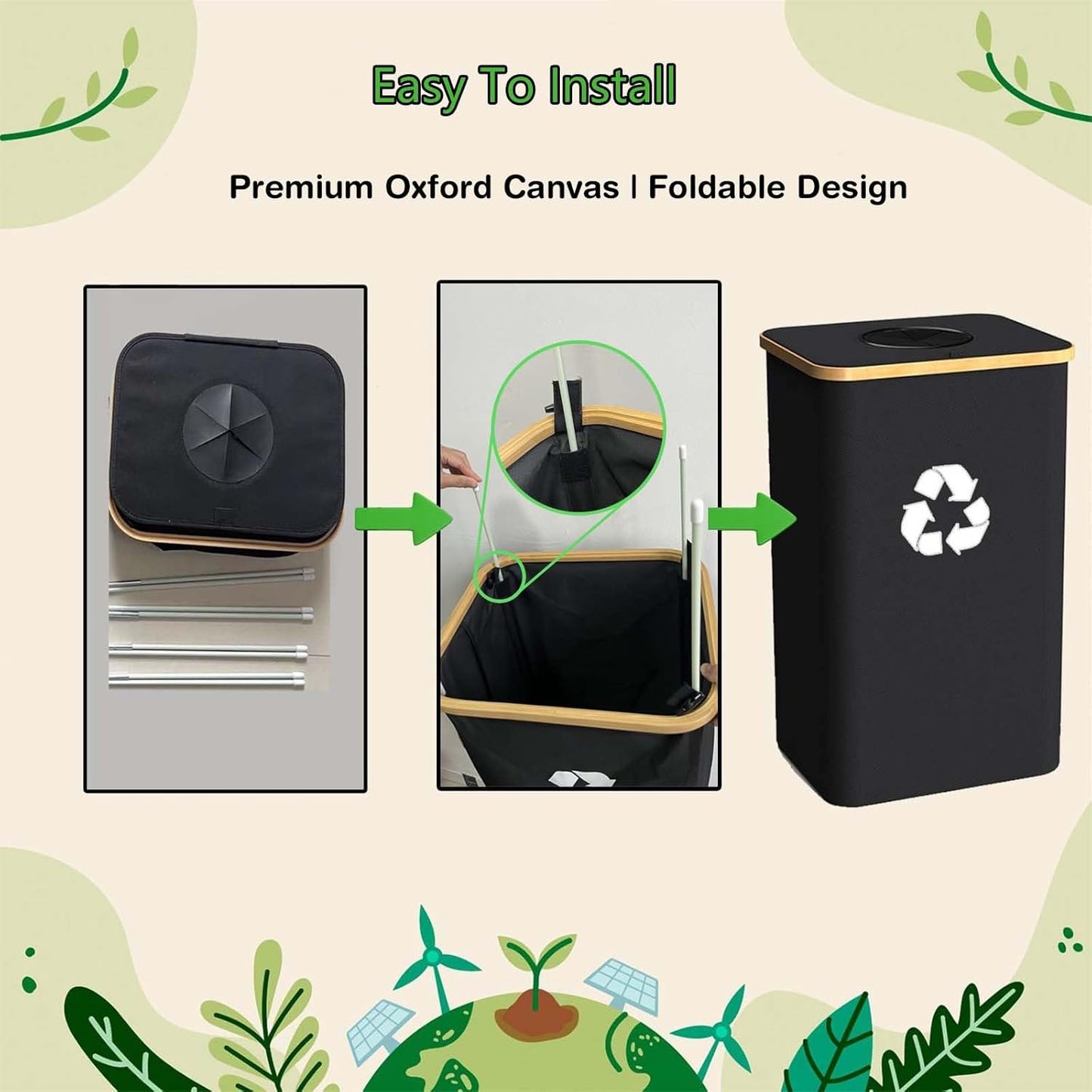 Recycling Bin for Kitchen Indoor Home, Large 100L/ 26 Gallon Recycle Bin with Lid Removeable Reusable Inner Bag Bottle Can Glass Waste Plastice Stickers (Green, 26 Gallon)